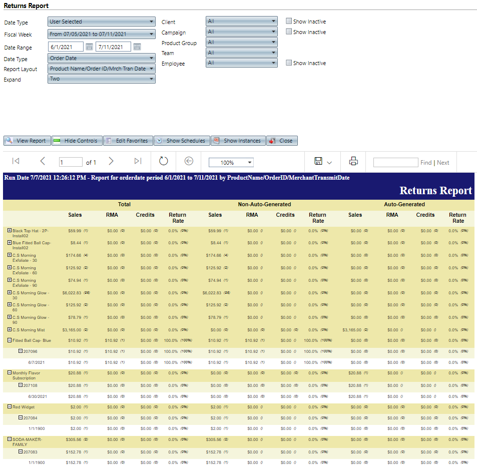 Returns Report Definitions